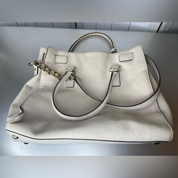 Michael Kors Hamilton Large Vanilla Cream Leather Gold Lock Tote Bag Purse - Picture 7 of 9